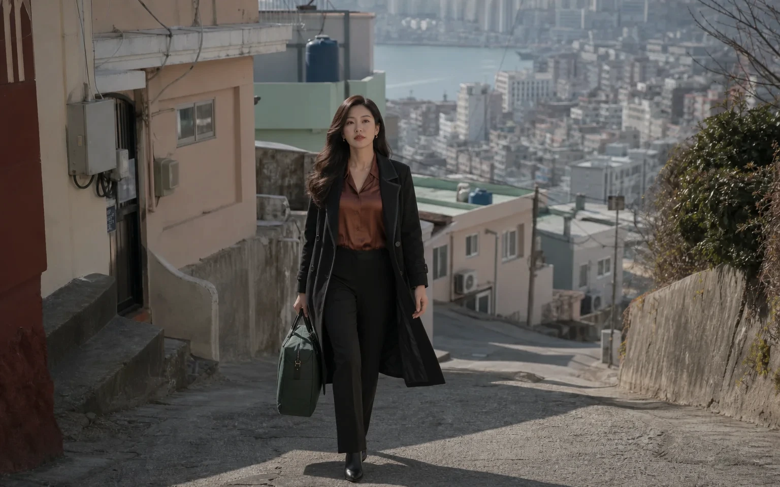 부산 지역에서 케어 가방을 들고 방문지로 이동하는 성인 여성 케어사