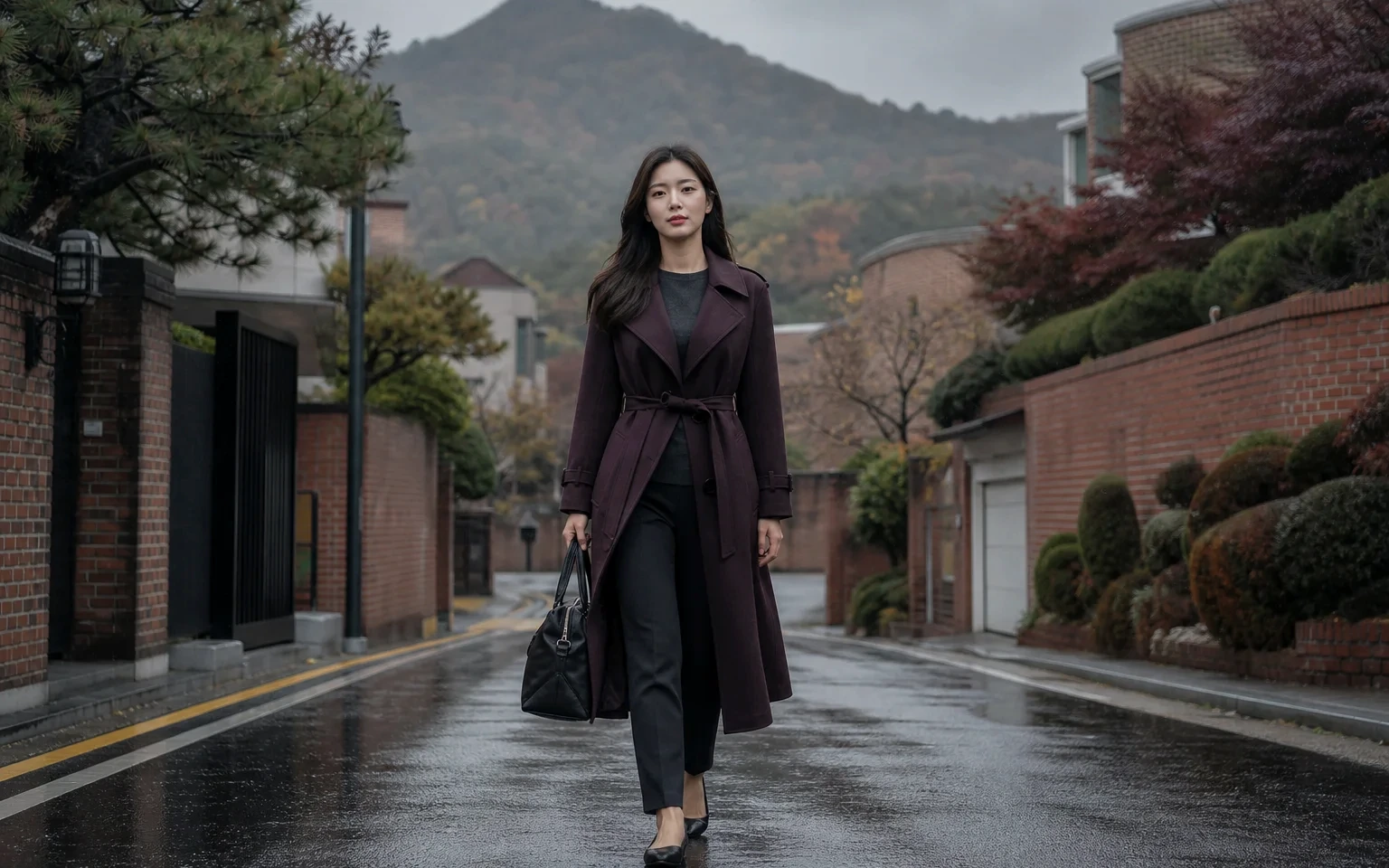 충북 지역에서 케어 가방을 들고 방문지로 이동하는 성인 여성 케어사