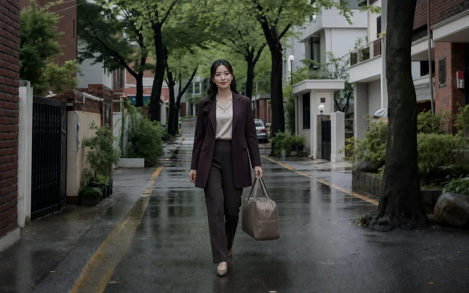 광주 지역에서 케어 가방을 들고 방문지로 이동하는 성인 여성 케어사