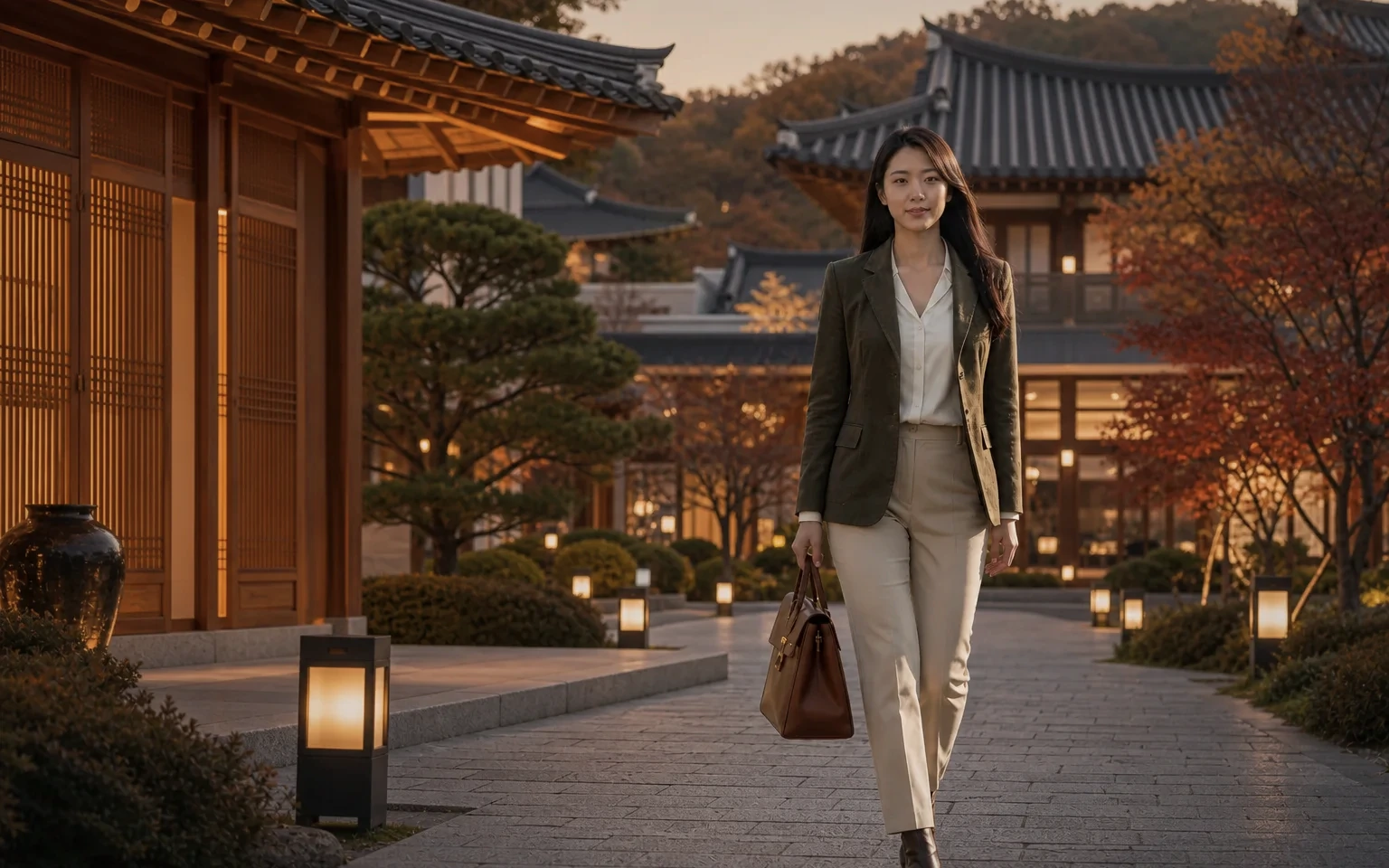 경북 지역에서 케어 가방을 들고 방문지로 이동하는 성인 여성 케어사