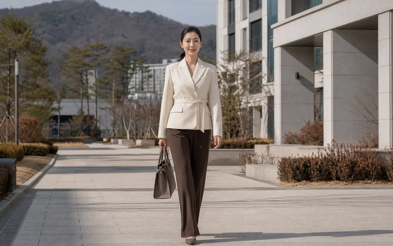경기 지역에서 케어 가방을 들고 방문지로 이동하는 성인 여성 케어사