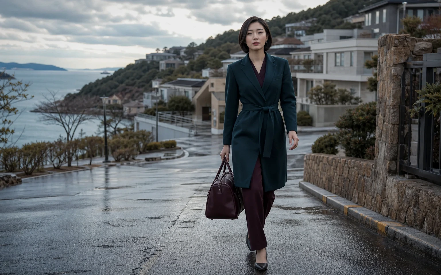 경남 지역에서 케어 가방을 들고 방문지로 이동하는 성인 여성 케어사